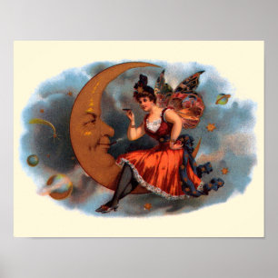 Poster Vintage Cigar Label Art, Victorian Fairy on Moon