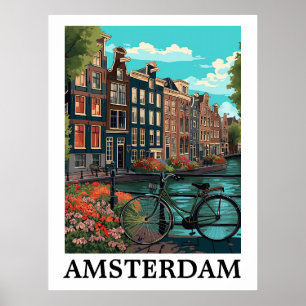 Poster Vintage coloré Amsterdam Pays-Bas Canal View