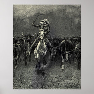 Poster Vintage Cowboys, un stampede de Frederic Remington