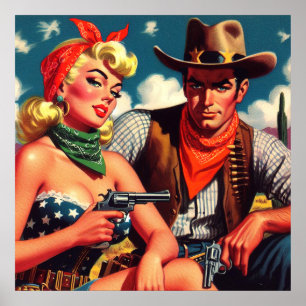 Poster Vintage Cowgirl et Cowboy