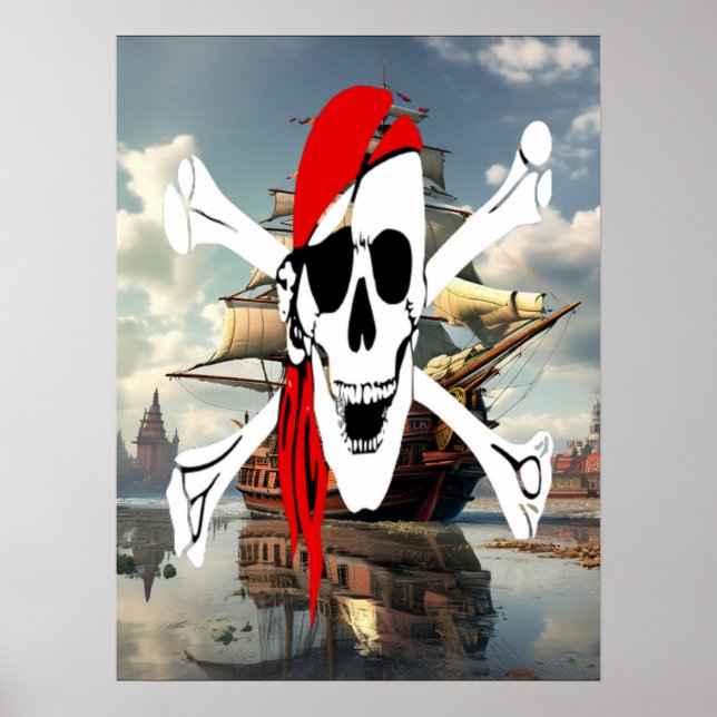 Poster Vintage Crossbones Pirate  at Sea (Devant)
