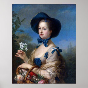 Poster Vintage Dame Avec Casquette Bleu Et Panier De Fleu