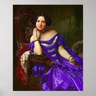 Poster Vintage Dame Élégante En Robe Violette Bleue