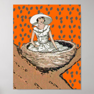 Poster Vintage Dame En Blanc Nid D'Oiseaux Feuilles