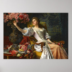 Poster Vintage Dame En Robe Rose Orange Roses