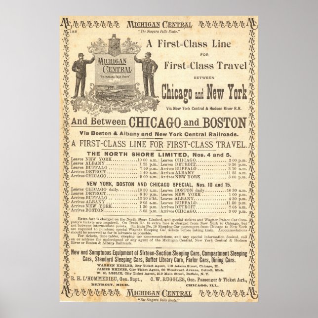 POSTER VINTAGE DE MICHIGAN CENTRAL RAILROAD 1897 (Devant)