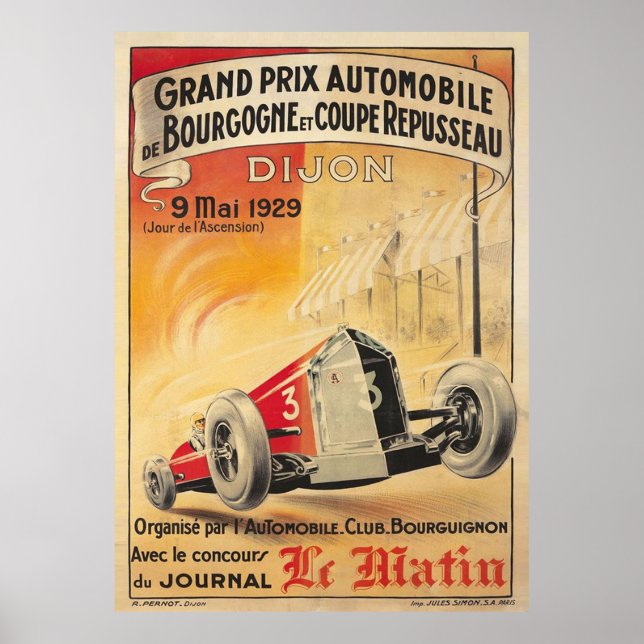 poster vintage du Grand Prix Dijon 1929 (Devant)