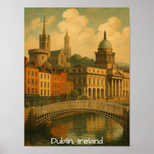 Poster Vintage Dublin Travel Retro Ireland City Artwork