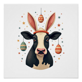 Poster Vintage Easter Cow Bunny Ears Cute Farm Animal Egg