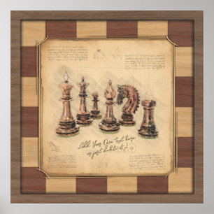 Poster Vintage échiquier et pièces d'échecs, cadeau du jo