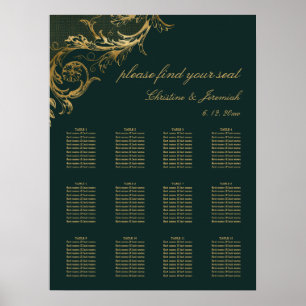 Poster Vintage Emerald Green Gold Floral Mariage damassé