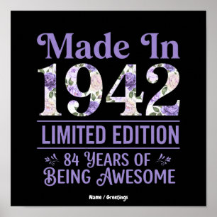 Poster Vintage Fabriqué en 1942 Floral 84e Anniversaire I