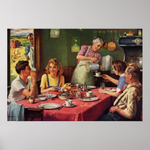Poster Vintage Famille Manger Petit déjeuner dans la cuis