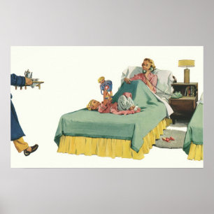 Poster Vintage Family Serving Mom Petit déjeuner en Bed