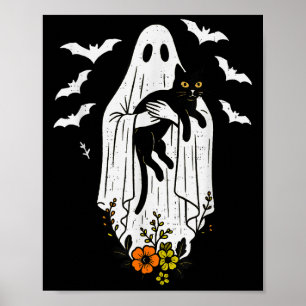 Poster Vintage Fantôme tenant Chat Halloween Kitty Meow C