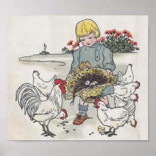 Poster Vintage fille avec poulets, E est un oeuf