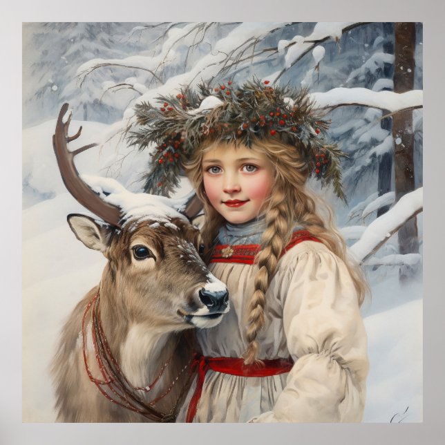 Poster Vintage fille avec renne (Devant)