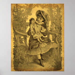 Poster Vintage fille d'art avec poupée âgée