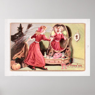 Poster Vintage fille d'Halloween en robe rouge