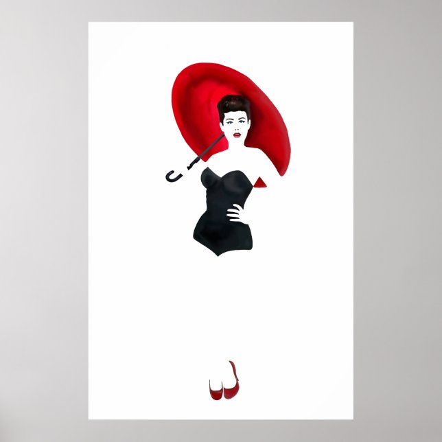 Poster Vintage fille épingle - Parapluie rouge (Devant)