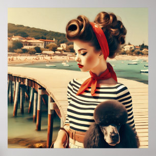 Poster Vintage fille rétro glamour avec caniche