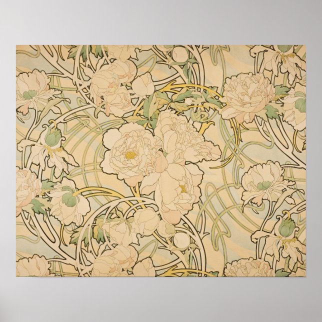 Poster Vintage Floral Alphonse Mucha Peonies GalleryHD (Devant)