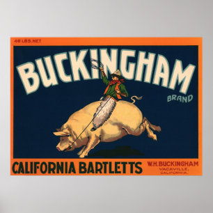 Poster Vintage Fruit Crate Label Art Cowboy on Pig Rodeo
