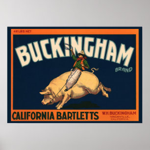 Poster Vintage Fruit Crate Label Art Cowboy on Pig Rodeo
