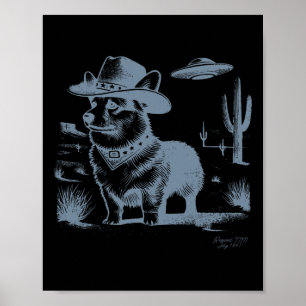 Poster Vintage Funny 90s Western Cowboy Corgi Ufo