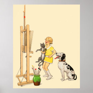 Poster Vintage Funny Girl, Chien Chat Imprimer Georges Re