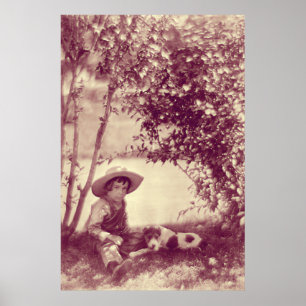 Poster vintage Garçon avec chien au repos