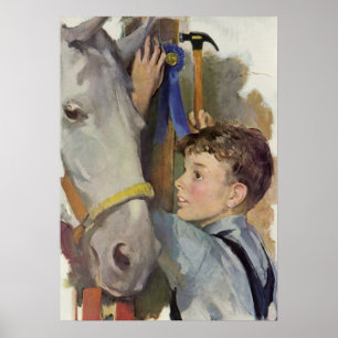 Poster Vintage Garçon avec son ruban bleu Cheval gagnant