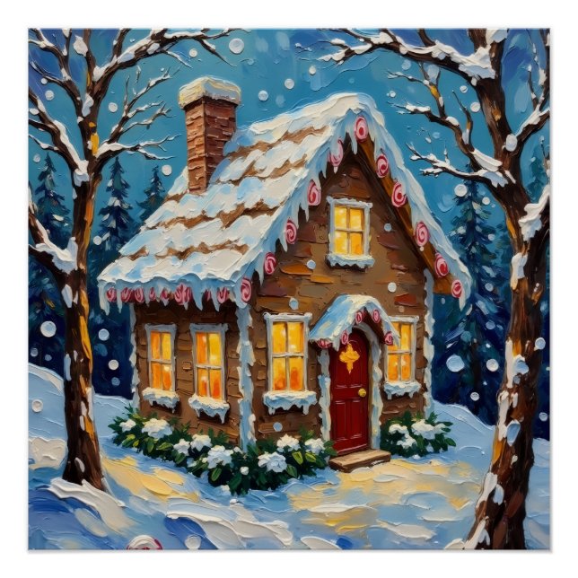 Poster Vintage Gingerbread House in Enchanted Winter (Devant)