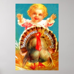 Poster vintage Girl With Turkey Thanksgiving
