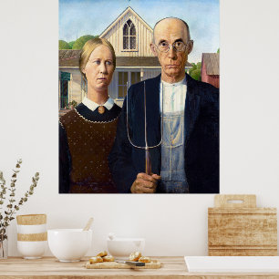 Poster Vintage Grant Wood American Gothic Fermier Beaux-A