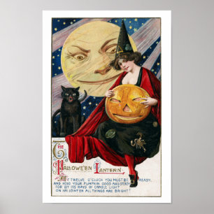 Poster Vintage Halloween jolie sorcière et Jack O'Lantern