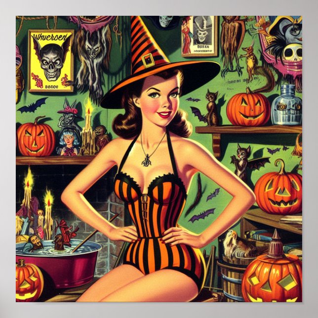 Poster Vintage Halloween mignonne sorcière Pinup (Devant)