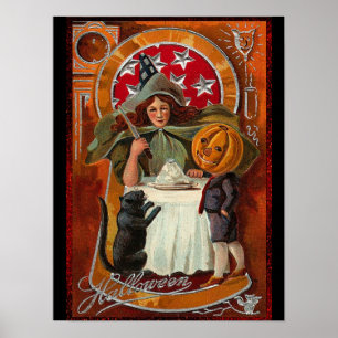 Poster Vintage Halloween Witch Casting Spell with Wand