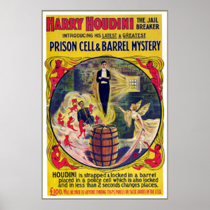 Poster Vintage Harry Houdini Prison Cellule & Baril Mystè
