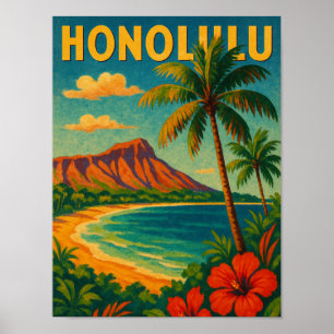 Poster Vintage Honolulu Oahu Hawaii Beach Hawaii Travel