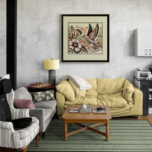 Poster Vintage Hummingbird & Blooms Art