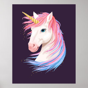 Poster vintage illustration of cute unicorn with gold hor