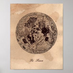Poster Vintage image Moon Astronomy Tea Stained Paper