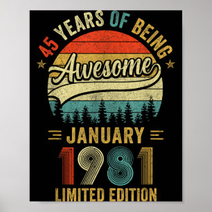Poster Vintage janvier 1981 vieux 45e anniversaire hommes