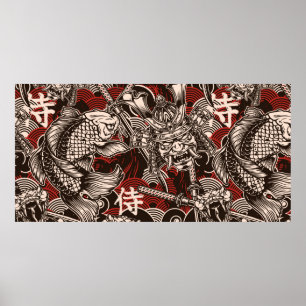 Poster Vintage japanese seamless pattern with katana swor