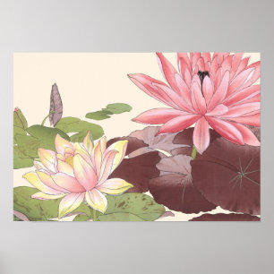 Poster Vintage japonais Floral Art rose Lotus Pond