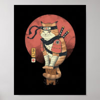 Vintage Japonais Retro Sushi Samurai Neko Cat T-Sh
