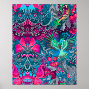 Poster Vintage jardin fleuri bleu oiseau lux motif