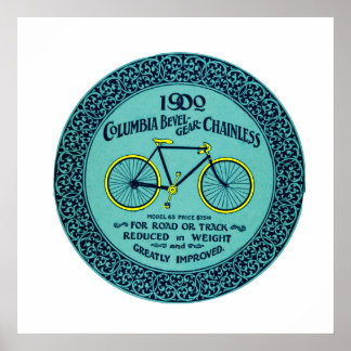 Poster Vintage jaune Turquoise Columbia Bicycle publicita