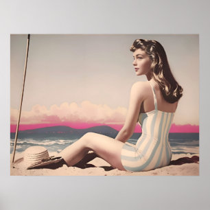 Poster Vintage Jolie Femme Assis Sur Le Sable De Plage